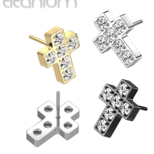 Massief Gekleurde Titanium Threadless Kruis Top Belegd met Heldere Steentjes