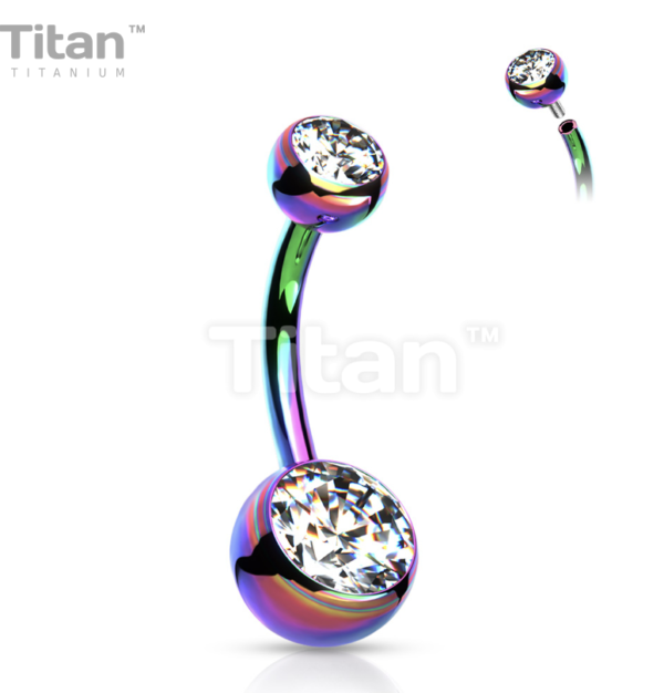Titanium intern geschroefde navelpiercing met gekleurde kristallen - Afbeelding 3