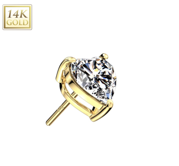 14kt. Gouden Threadless Top met Prong-set Helder Hart Steentje - Afbeelding 4